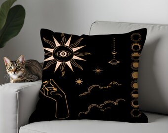 Funda de almohada celestial de bruja, cojín de punto gótico con sol y luna