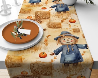 Camino de mesa con espantapájaros y diseño de calabazas, estilo rústico otoñal a cuadros, decoración de cocina de estilo granja para otoño, mantelería.