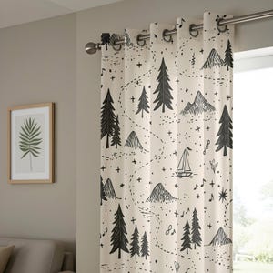 May include: An off-white curtain with a black line-art pattern featuring pine trees, mountains, a sailboat, musical notes, and dotted paths. The curtain is hung on a silver metal rod with circular grommets at the top, creating vertical folds.