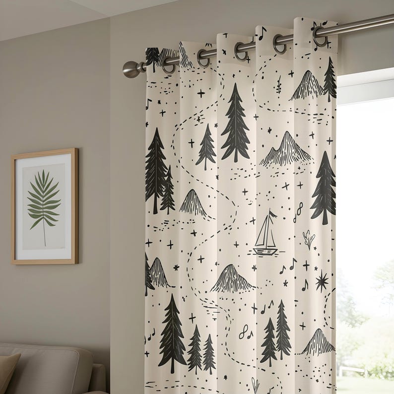 May include: An off-white curtain with a black line-art pattern featuring pine trees, mountains, a sailboat, musical notes, and dotted paths. The curtain is hung on a silver metal rod with circular grommets at the top, creating vertical folds.