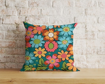 Funda de cojín de tela suave con estampado floral retro, almohada con flores coloridas