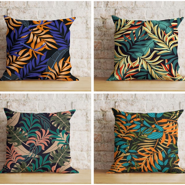 Exotic Floral Cushion Cover, Colorful Palm Leaf Pillow Cover, Modern Living Room Decoration, Leaves Euro Sham Bedroom Decor, 18x18 Pillow