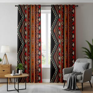 Aztec Patterned Curtains, Vibrant Red & Orange Living Room Drapes, Tribal Southwestern Panels, Bohemian Ethnic Curtains for Living Room