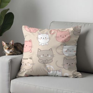 Bonitas fundas de almohada con diseño de gato de dibujos animados para decoración de habitación infantil, cojines suaves en beige pastel con estampado de cara de gatito kawaii, 18 x 18, 20 x 20, 22 x 22