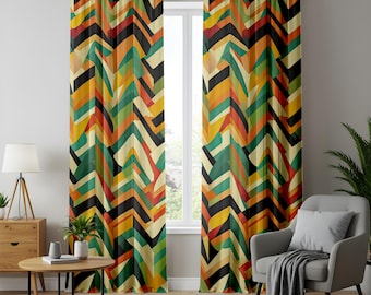 Retro Geometric Curtains, Mid Century Modern Drapes, Vibrant Abstract Home Decor