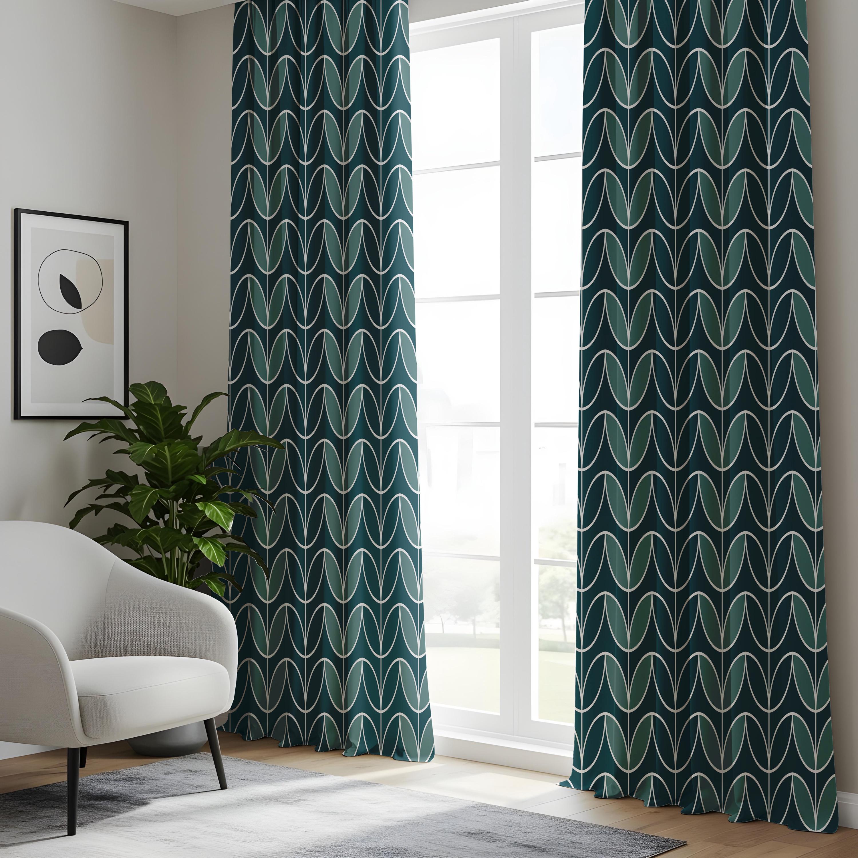 Linear Stem Printed Curtain, Mid Century Scandi Drapes, Geometric Leaf ...