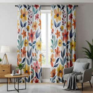 Vibrant Floral Curtains for Living Room, Colorful Floral Drapes, Elegant Watercolor Floral Divider, Spring & Summer Home Deco Curtain Panels