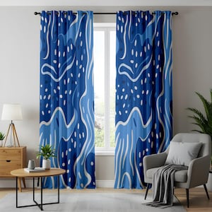 Abstract Ocean-Inspired Curtains, Wavy Blue and White Pattern, Modern Coastal Home Decor Drapes, Custom Curtain Any Size
