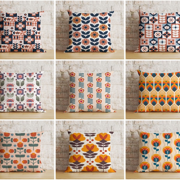 Linear Stem Scandinavian Cushion Cover, Vibrant Retro Floral Pattern Pillowcase, Vintage Scandinavian Throw, Floral Textured Cushion Case