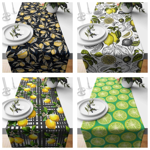 Lemon Table Runner, Floral Lemons Table Decor, Summer Fruit Trend Tablecloth, Fresh Citrus Decor, Yellow and Green Table Clouth