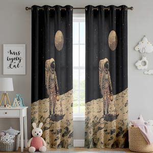 Astronaut Space Nursery Curtains, Sci-Fi Moon Walk Drapes, Cosmic Adventure Window Panels, Vintage Space Explorer Curtains, Children Drapes