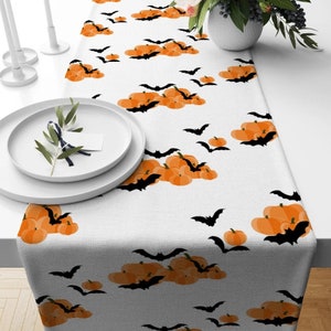 Halloween Table Runner, Orange Carved Pumpkins and Bats Table Runner, Spooky Tablecloth, October 31st Design, Kitchen Table Runner