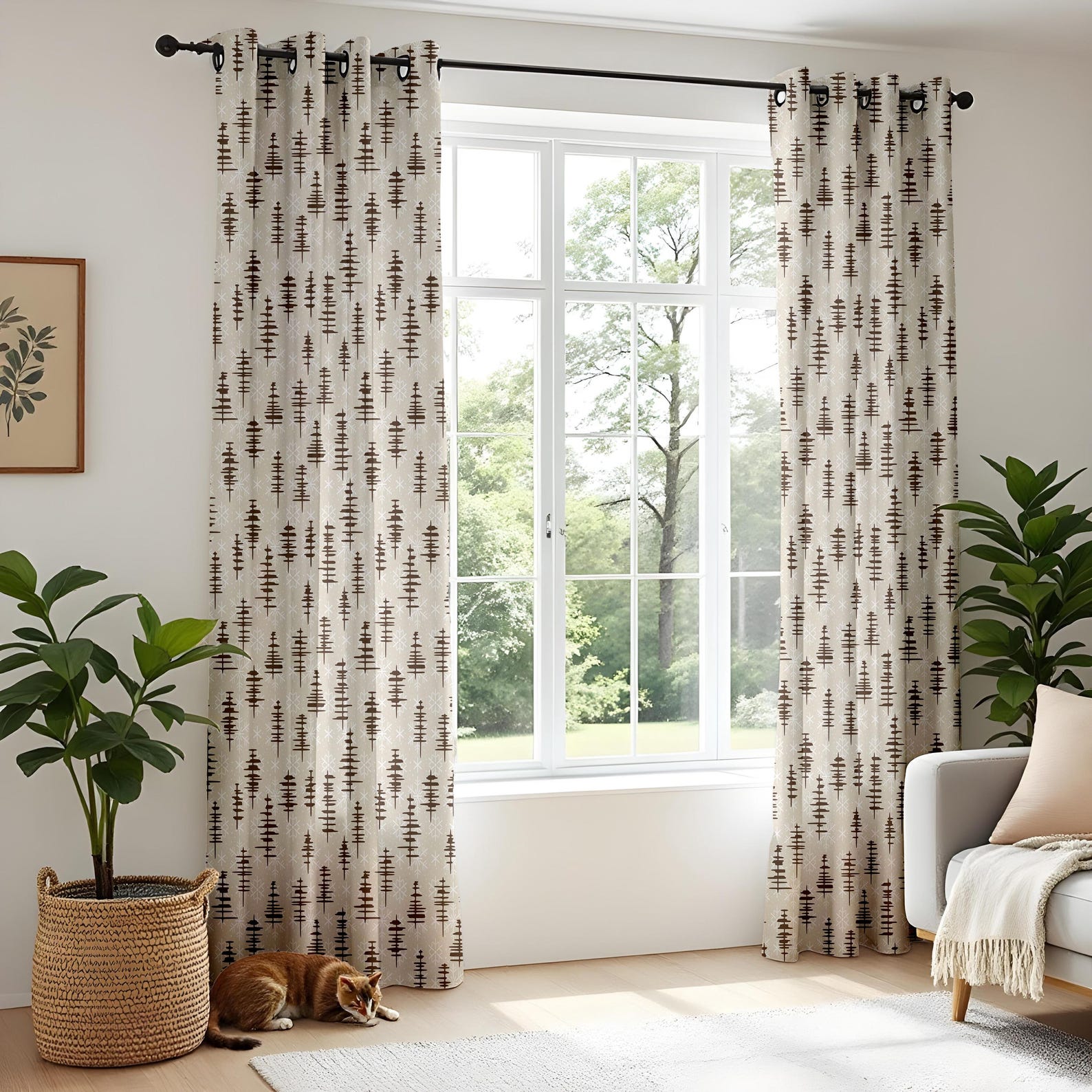 Minimalist Pine Tree Window Curtains, Beige Brown Woodland Drapes - Etsy