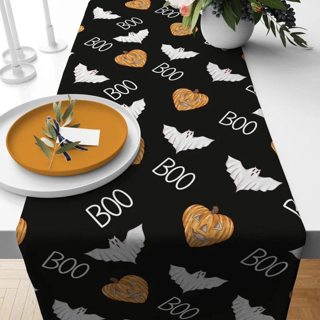 Black Orange Halloween Table Runner, Black Cat Pumpkin Haunted House ...