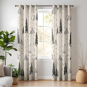 May include: Two cream-colored curtains with a repeating black line-art pattern featuring stylized mountains, evergreen trees, sailboats, musical notes, and small stars. The curtains are hung on a dark brown rod with metal grommets at the top.
