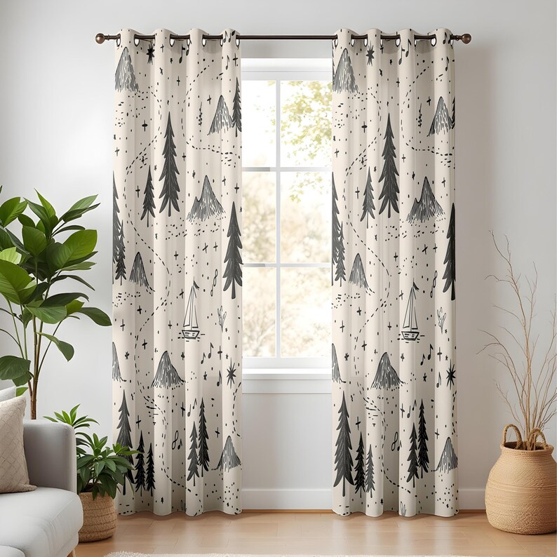 May include: Two cream-colored curtains with a repeating black line-art pattern featuring stylized mountains, evergreen trees, sailboats, musical notes, and small stars. The curtains are hung on a dark brown rod with metal grommets at the top.