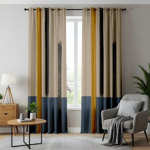 Minimalist Color Block Living Room Curtains, Modern Art-Inspired Drapes, Mustard & Navy Blue Window Panels, Abstract Vertical Design