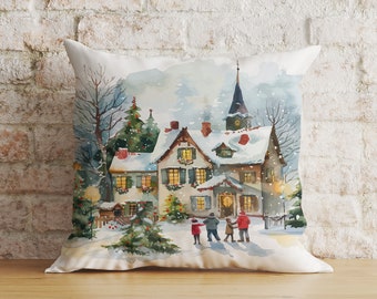 Funda de cojín con diseño de pueblo navideño, tejido suave de punto festivo, decoración navideña.
