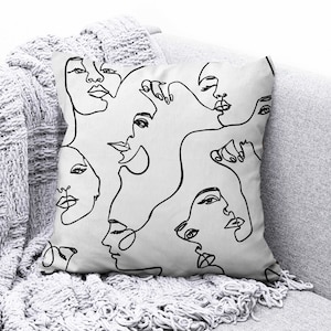 Bohem Style Kissenbezug, Abstrakte Gesichter werfen, Line Art Gesicht Themed Kissenbezug, Abstrakter Kissenbezug, Moderne Kunst Kissenbezug, Frauenkopf