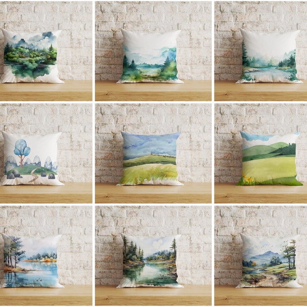 Landscape Pillow Cover, Trees Pillowcase, Forest Throw Pillows, Stream and Nature View, Square Pillow, Cushion Cover UK