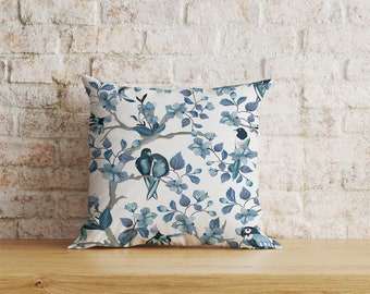 French Toile Cushion Cover, Blue Floral Bird Pillow Cover, Vintage Farmhouse Living Room Decor, 16x16 18x18 20x20