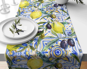 Lemon and Olive Table Runner, Citrus Tile, Knitted Soft Fabric