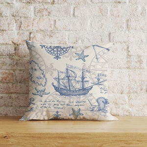 Housse de coussin marin, taie d'oreiller carte ancienne, coussins phare, carte marine ancienne de la Cea routes de navires médiévaux housses de coussin