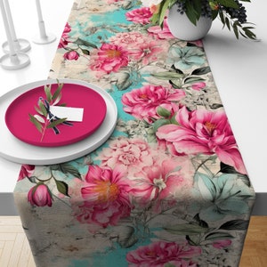 Floral Table Runners, Boho Pink Flowers Runner, Bloomy Spring Tablecloths, Bohemian Home Decor, Dining Table Linens, Farmhouse Kitchen Decor