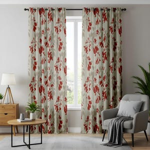 Floral Red and Beige Curtains, Vintage-Inspired Flower Pattern Drapes, Elegant Botanical Home Decor, Grommet Curtain, Made to Order