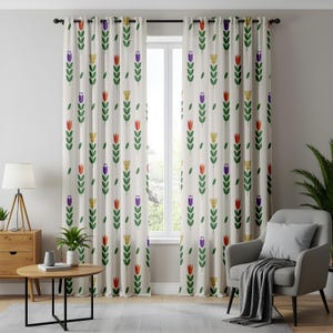 Scandinavian Floral Curtains, Minimalist Folk Art Drapes, Colorful Nature-Inspired Window Panels, Cream and Green Home Decor, Nordic Boho