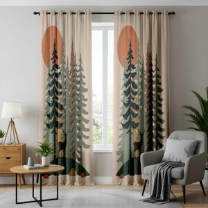 Forest Sunset Curtains, Nature-Inspired Window Drapes, Deer and Pine Tree Design, Rustic Woodland Home Decor, Boho Earthy Curtain Panels