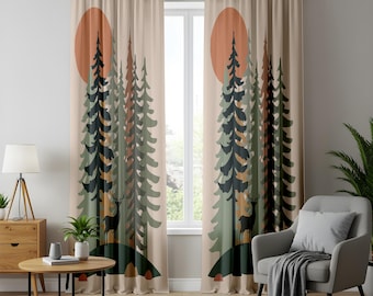 May include: Two floor-length curtains featuring a repeating graphic print of a forest with tall pine trees, a large orange sun, and a silhouette of a deer standing on a hill. The curtains are beige with green, dark green, and orange accents.