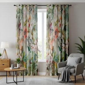 Spring Garden Style Curtains, Blush and Green Floral Drapes, Light and Airy Botanical Window Decor, Pastel Flower Curtains