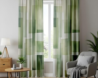 Cortinas abstractas verdes, diseño de bloques en tonos pastel, cortinas serenas.