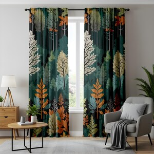 Herbstwald Vorhänge, lebhafte grüne und orange Blattmuster Vorhänge, naturinspirierte Wohnkultur, gemütliche Waldfenster Paneele