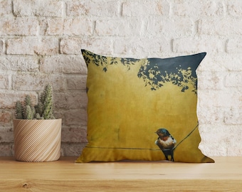 Housse de coussin fleurie oiseau jaune, taie d'oreiller bohème en tissu doux