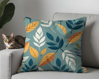Botanical Leaf Cushion Cover, Scandinavian Stylised Pillow Cover, Teal Yellow Mid Century Decor, 16x16 18x18