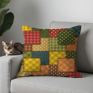 Rustic Patchwork Throw Pillow Covers, Vintage Gingham & Polka Dot Cushion Cover for Farmhouse, Cottage or Country Decor, 18x18 20x20 22x22