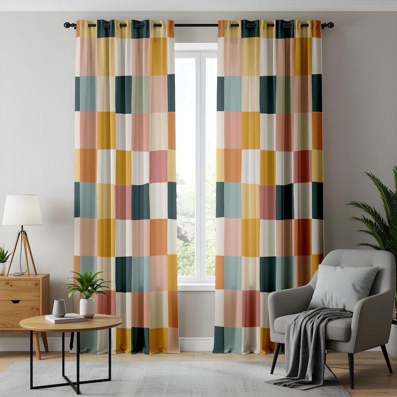 Rectangular Curtains Multicolor Geometric Block Curtains, Mustard Pink Teal Patchwork Drapes ...