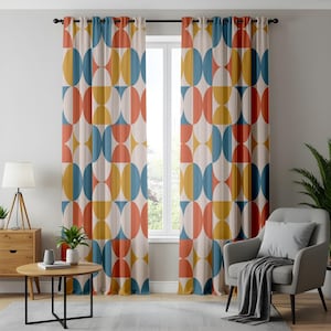 Mid-Century Modern Living Room Curtains, Retro Geometric Window Drapes, Colorful Circle Pattern, Vintage Inspired Home Decor