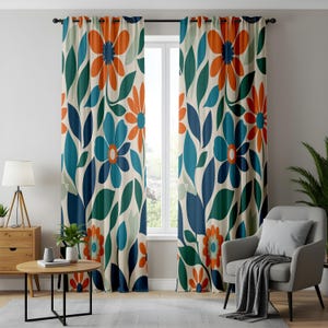 Lebhafte Blumenvorhänge in Blau und Orange, kräftige botanische Vorhänge, modernes Wohndekor, erhältlich in kundenspezifischen Größen
