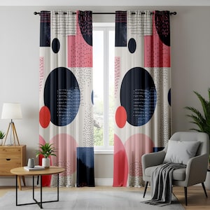 Retro Polka Dot Window Curtains, Coral Blue Geometric Panels, Contemporary Home Accents, Pink Navy Abstract Decor, Modern Pop Art Drapes
