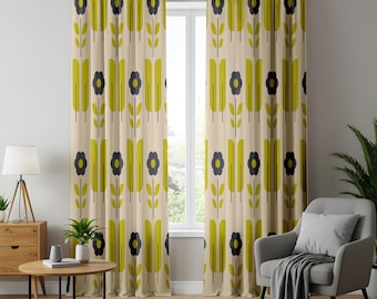レトロな花柄遮光カーテン、ミッドセンチュリーのマスタードイエロー