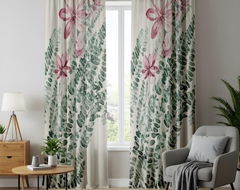 Cortinas de cocina con estampado floral de helechos, cortinas botánicas con flores rosas, paneles de ventana con estampado rústico de naturaleza.