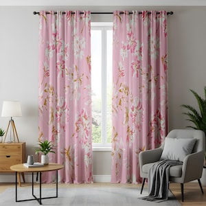 Soft Pink Floral Window Curtains, Romantic Botanical Drapes, Pastel Flower Pattern Curtains, Light and Airy Living Room Curtains