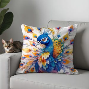 Peacock Pillow Covers, Elegant Bird Cushion Cases with Feathers, Exotic Decorative Throw Pillows for Living Room or Bedroom, 17x17, 18x18