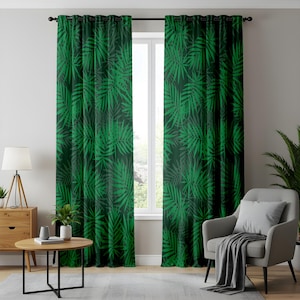 Modern Jungle Vibes Curtains, Lush Green Palm Leaf Drapes Panel, Green Leaf Print for a Fresh Decor