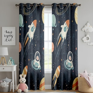Space-Themed Nursery Curtains, Space Adventure Kids Curtains, Rocket & Astronaut Window Drapes, Galaxy Theme Nursery Decor