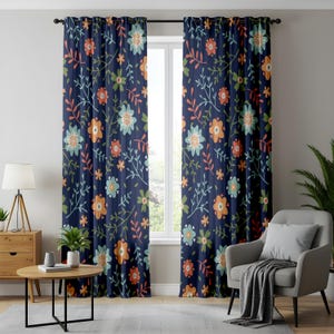 Floral Patterned Home Curtains Dark Background, Nature Inspired Window Curtains, Flower Designed Curtains for Living Room, Stylish Curtain