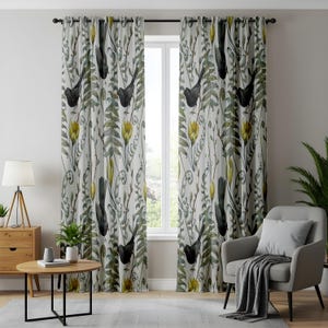 Watercolor Bird and Floral Curtains, Hand-Drawn Botanical Drapes with Black Birds and Ferns, Nature-Inspired Window Panels